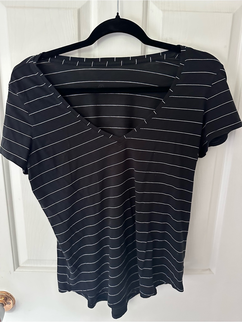 lululemon athletica Black V-Neck Short Sleeve Tee with White Pinstripes